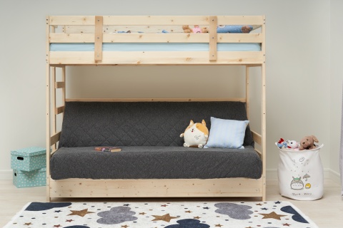 Двухъярусная кровать массив с диван-кроватью темно-серый / натуральный